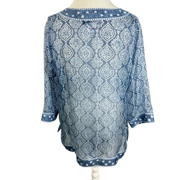 Gretchen Scott Blue Print Silk Tunic Top Semi Sheer Resort Beachy Size L - Picture 8 of 9